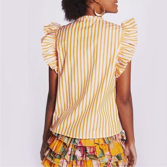 Anthropologie Harshman Striped Ruffle Short Sleeve Top Orange White Cotton M - Picture 2 of 8